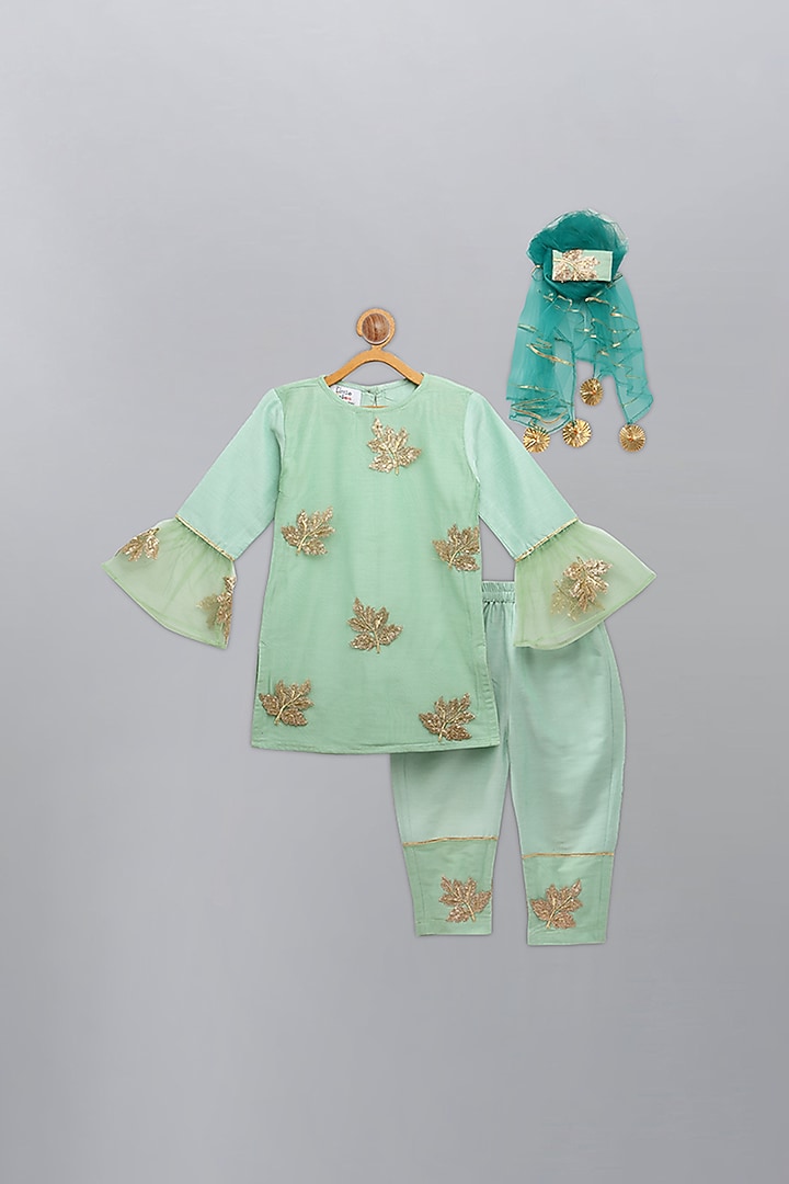 Mint Green Cotton Silk Sequin Embroidered Kurta Set For Girls by The little tales at Pernia's Pop Up Shop