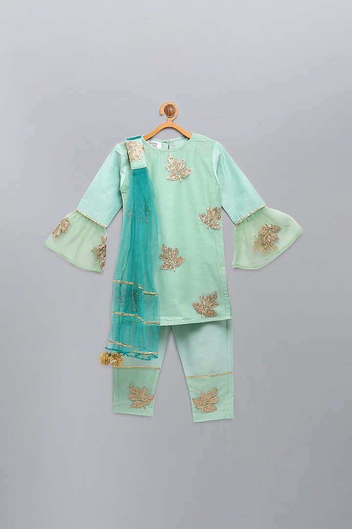 Mint Green Cotton Silk Sequin Embroidered Kurta Set For Girls by The little tales at Pernia's Pop Up Shop