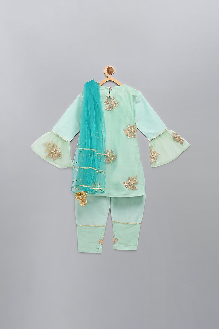 Mint Green Cotton Silk Sequin Embroidered Kurta Set For Girls by The little tales at Pernia's Pop Up Shop