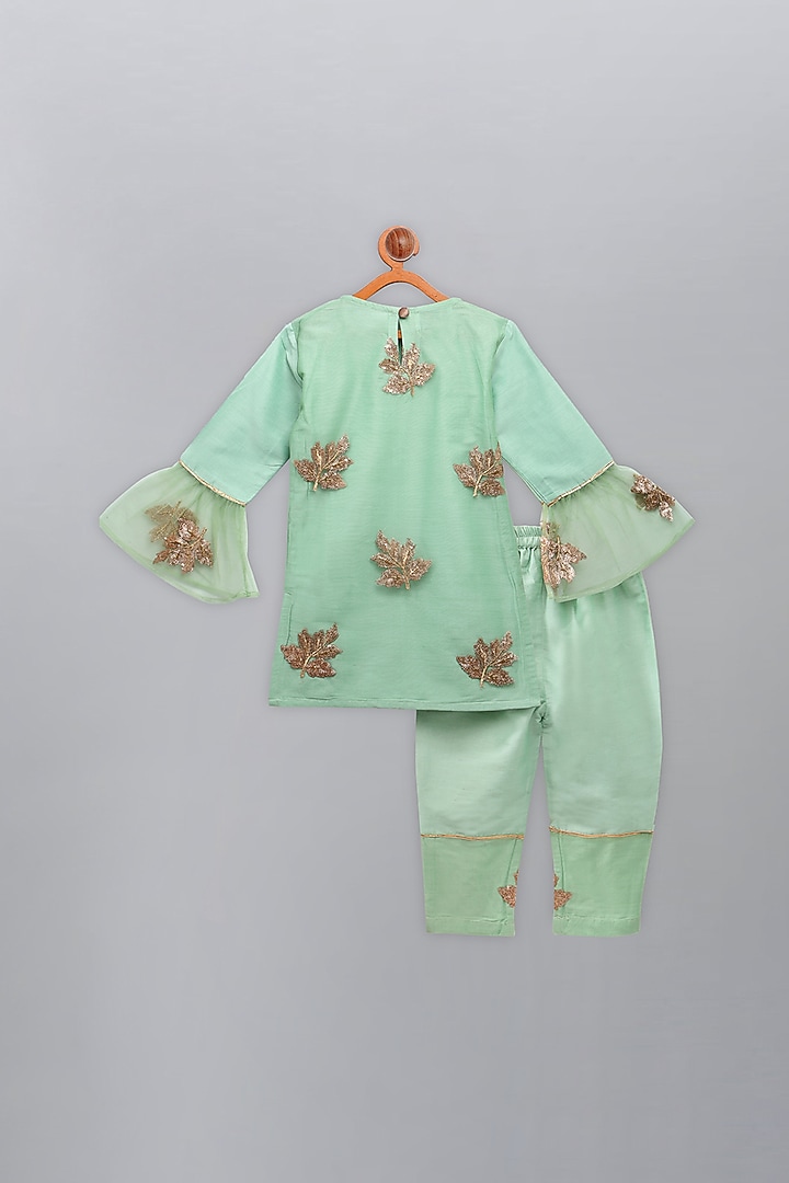 Mint Green Cotton Silk Sequin Embroidered Kurta Set For Girls by The little tales at Pernia's Pop Up Shop