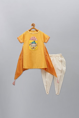Mustard Cotton Silk Embroidered Asymmetric Kurta Set For Girls by The little tales