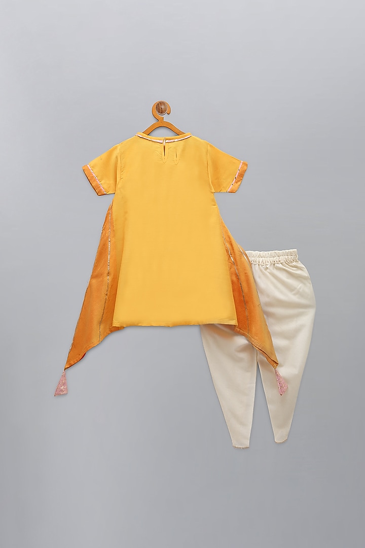 Mustard Cotton Silk Embroidered Asymmetric Kurta Set For Girls by The little tales at Pernia's Pop Up Shop