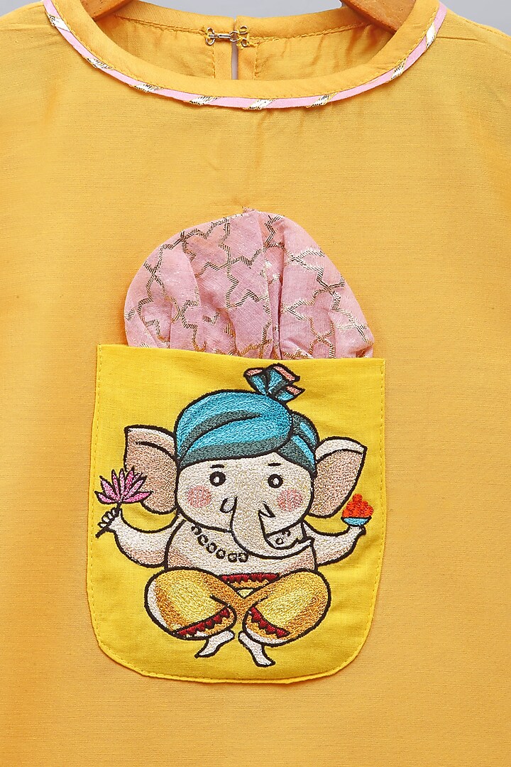 Mustard Cotton Silk Embroidered Asymmetric Kurta Set For Girls by The little tales at Pernia's Pop Up Shop