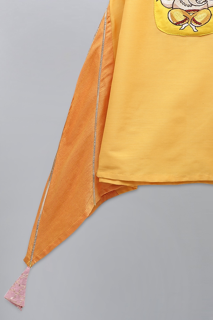 Mustard Cotton Silk Embroidered Asymmetric Kurta Set For Girls by The little tales at Pernia's Pop Up Shop