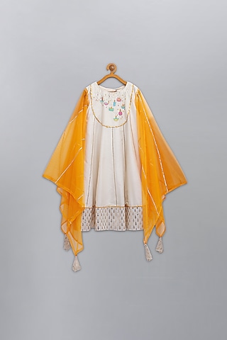 Off-White Cotton Silk Embroidered Anarkali For Girls by The little tales