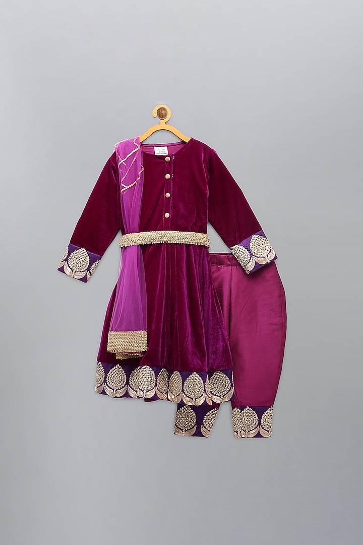 Purple Velvet Embroidered Anarkali Set For Girls by The little tales at Pernia's Pop Up Shop