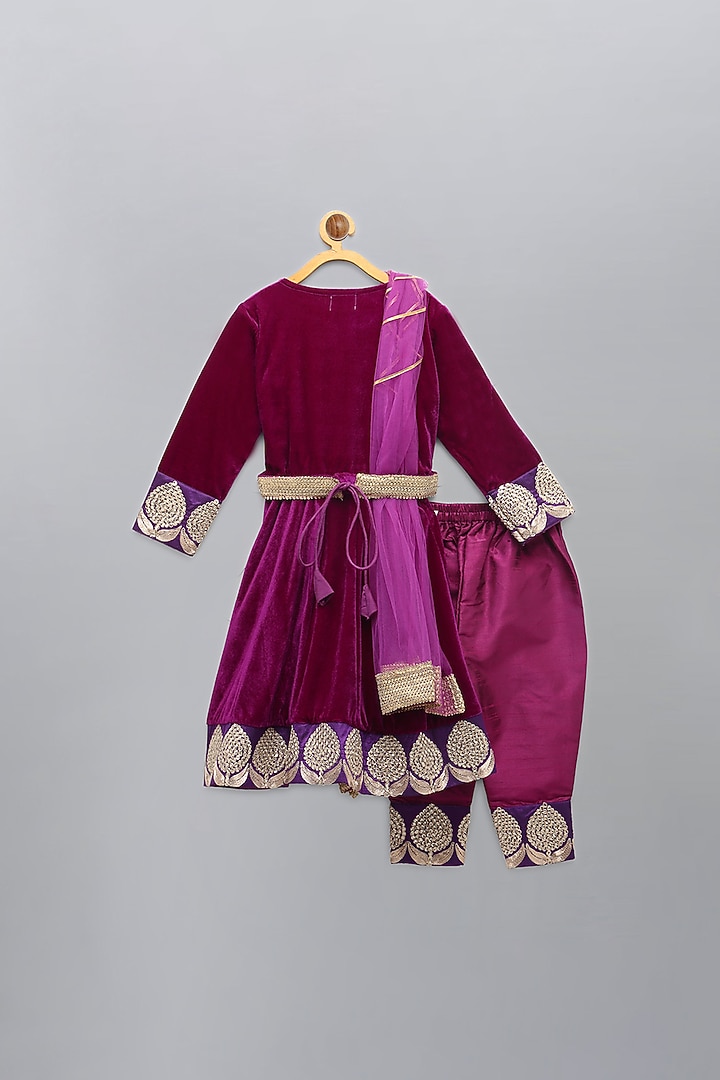 Purple Velvet Embroidered Anarkali Set For Girls by The little tales at Pernia's Pop Up Shop