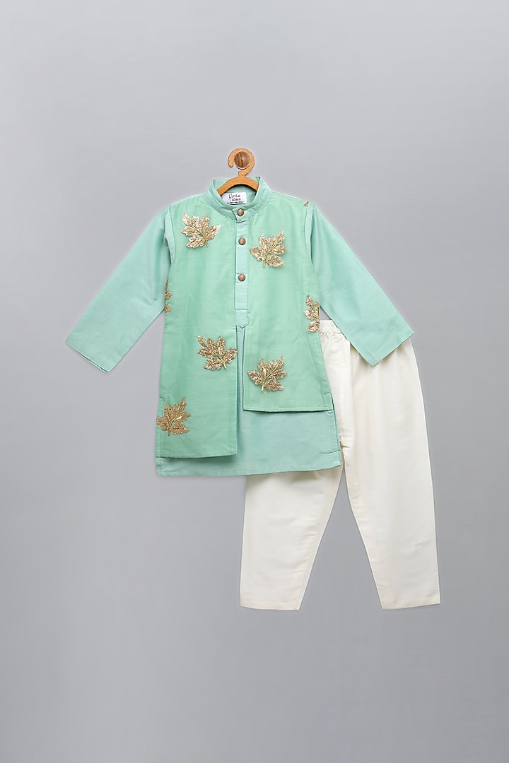 Pastel Green Embroidered Kurta Set For Boys by The little tales