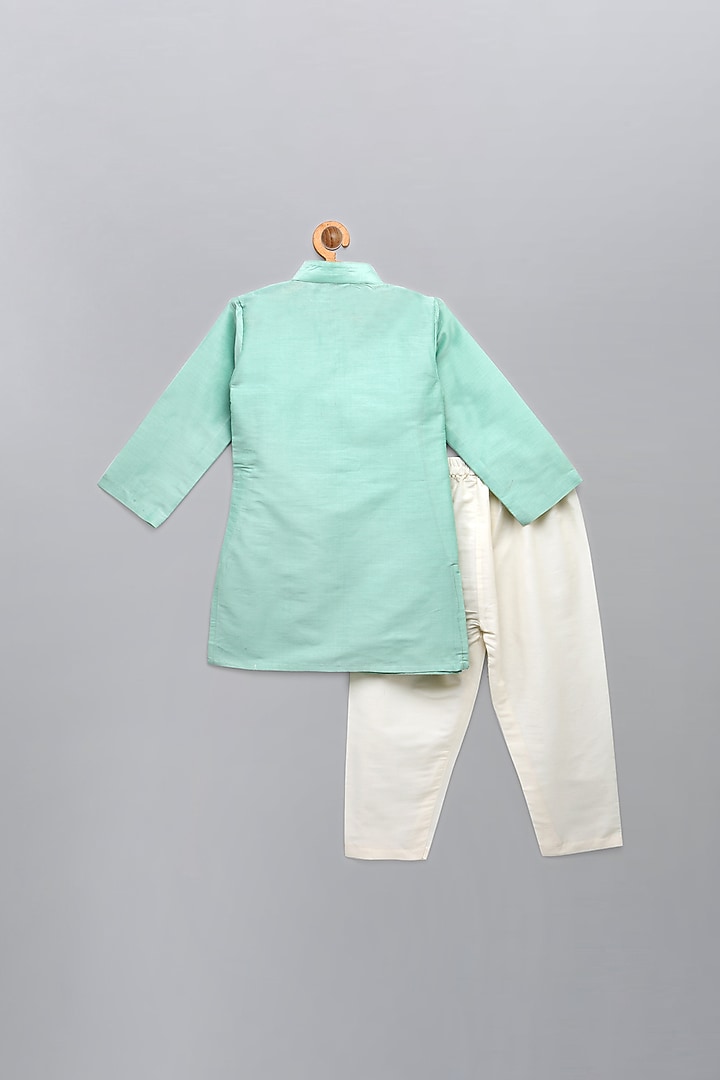 Pastel Green Cotton Silk Embroidered Kurta Set For Boys by The little tales at Pernia's Pop Up Shop
