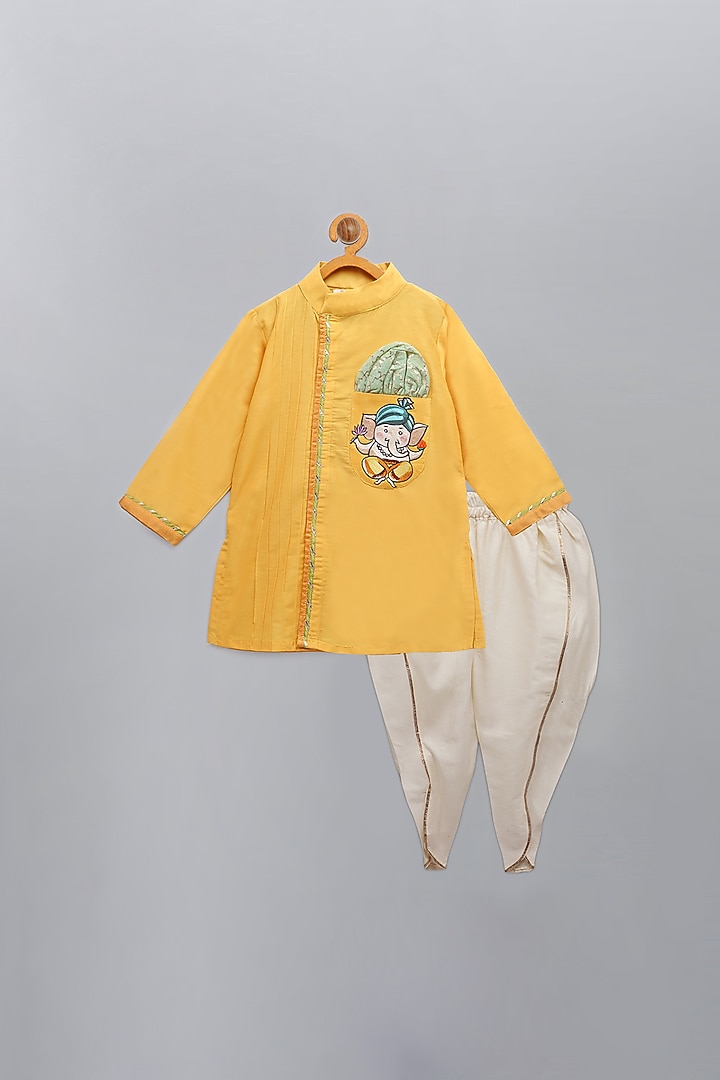 Mustard Cotton Silk Embroidered Kurta Set For Boys by The little tales at Pernia's Pop Up Shop