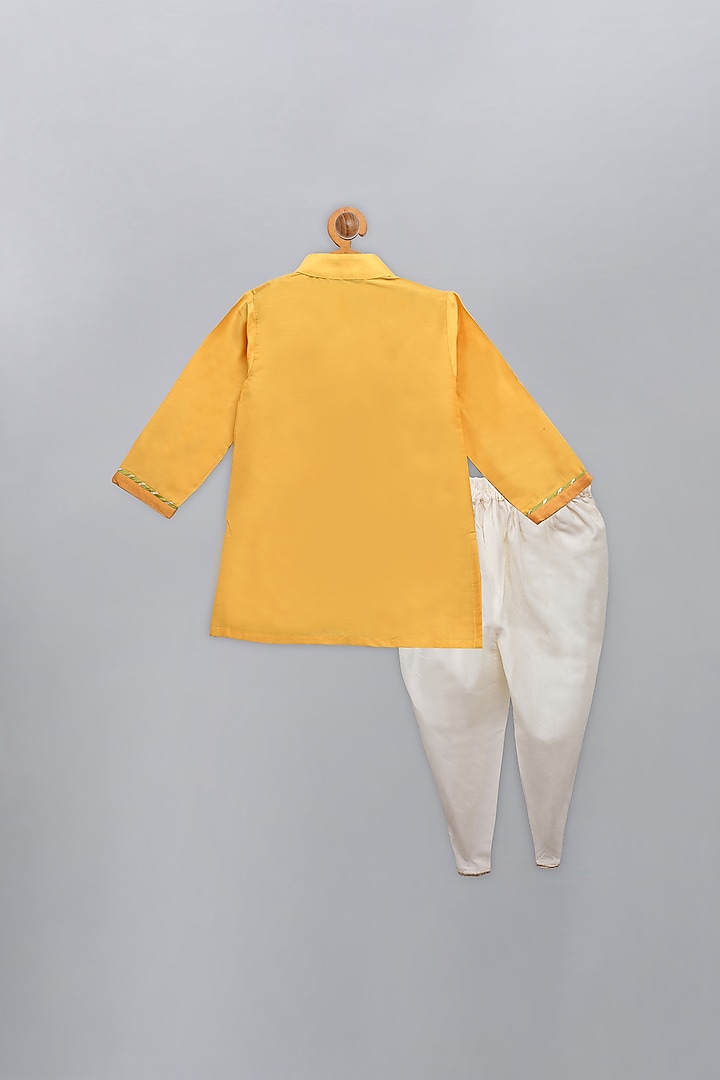 Mustard Cotton Silk Embroidered Kurta Set For Boys by The little tales at Pernia's Pop Up Shop
