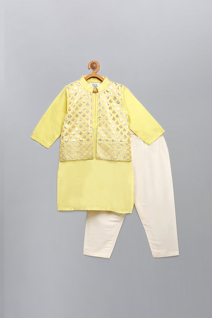 Lime Yellow Kurta Set With Attached Jacket Set For Boys by The little tales