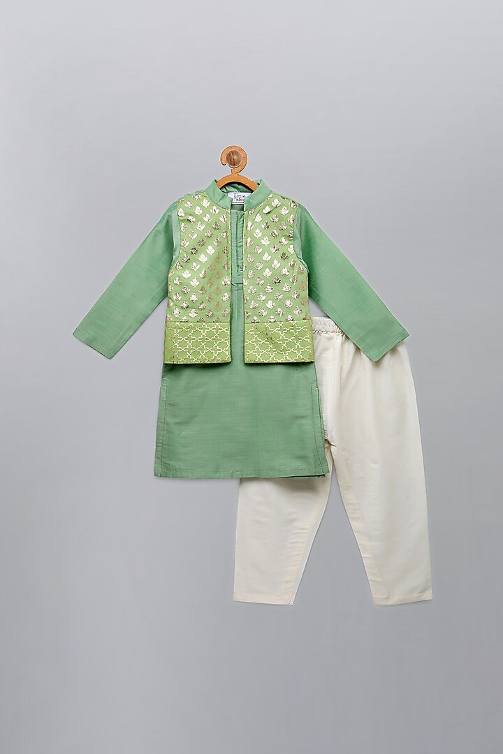Pastel Green Kurta Set With Attached Jacket For Boys by The little tales
