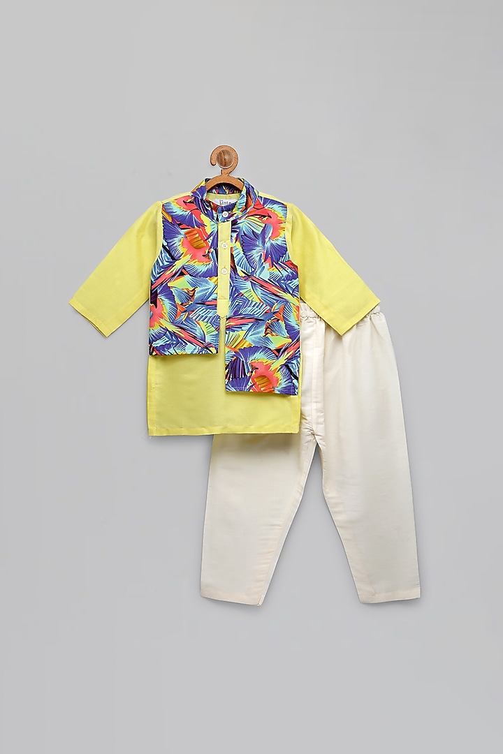 Lime Yellow Kurta Set With Attached Printed Jacket For Boys by The little tales