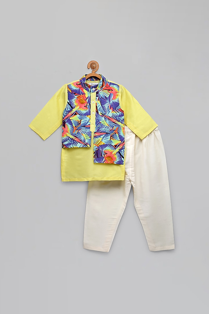 Lime Yellow Kurta Set With Attached Printed Jacket For Boys by The little tales at Pernia's Pop Up Shop