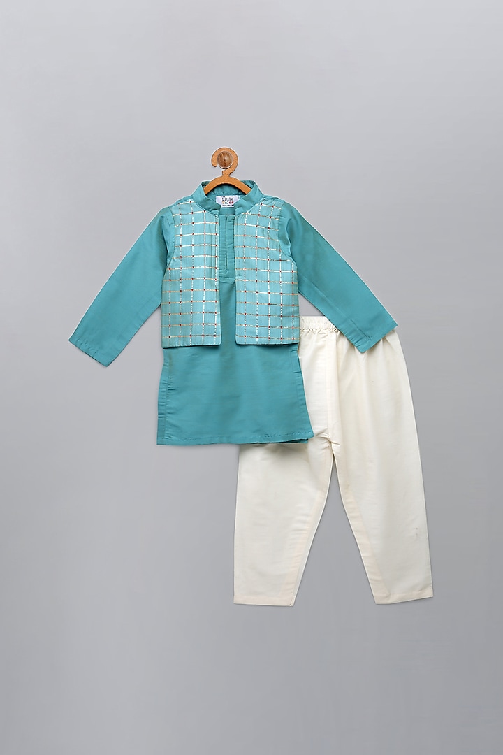 Light Blue Kurta Set With Attached Jacket For Boys by The little tales