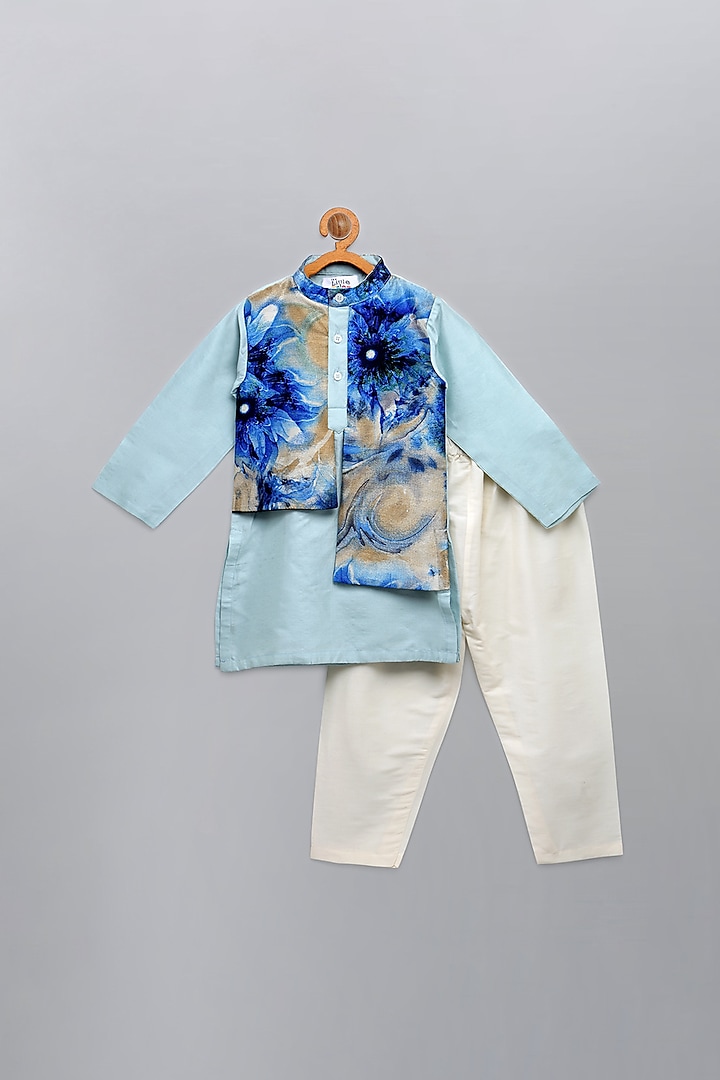 Pastel Blue Kurta Set With Attached Jacket For Boys by The little tales