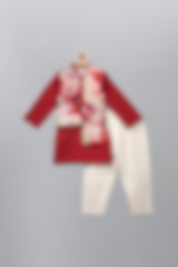 Deep Red Kurta Set With Attached Jacket For Boys by The little tales