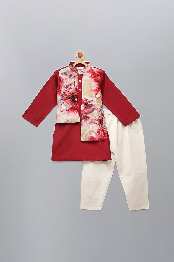 Deep Red Kurta Set With Attached Jacket For Boys by The little tales