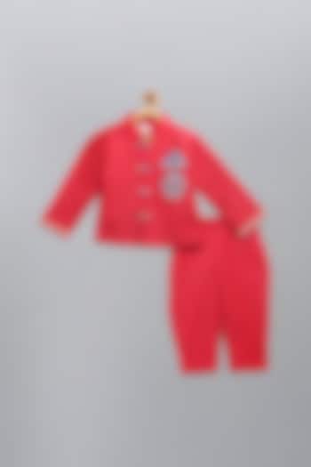 Cadmium Red Embroidered Bandhgala Jacket Set For Boys by The little tales