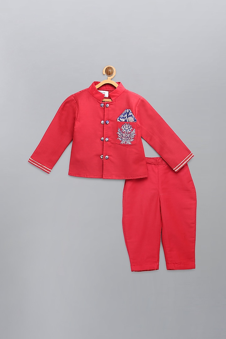 Cadmium Red Embroidered Bandhgala Jacket Set For Boys by The little tales