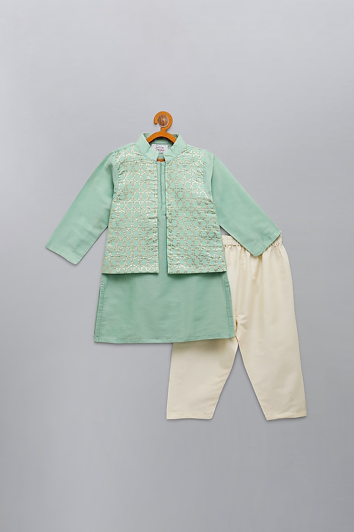 Pista Green Kurta Set With Attached Jacket For Boys by The little tales