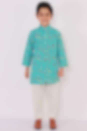 Teal Blue Printed Kurta Set For Boys by The little tales