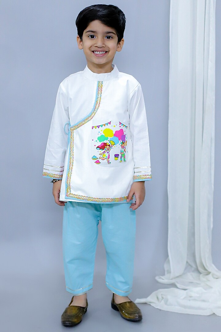 White Cotton Poplin Digital Printed Angrakha Style Kurta Set For Boys by The little tales at Pernia's Pop Up Shop