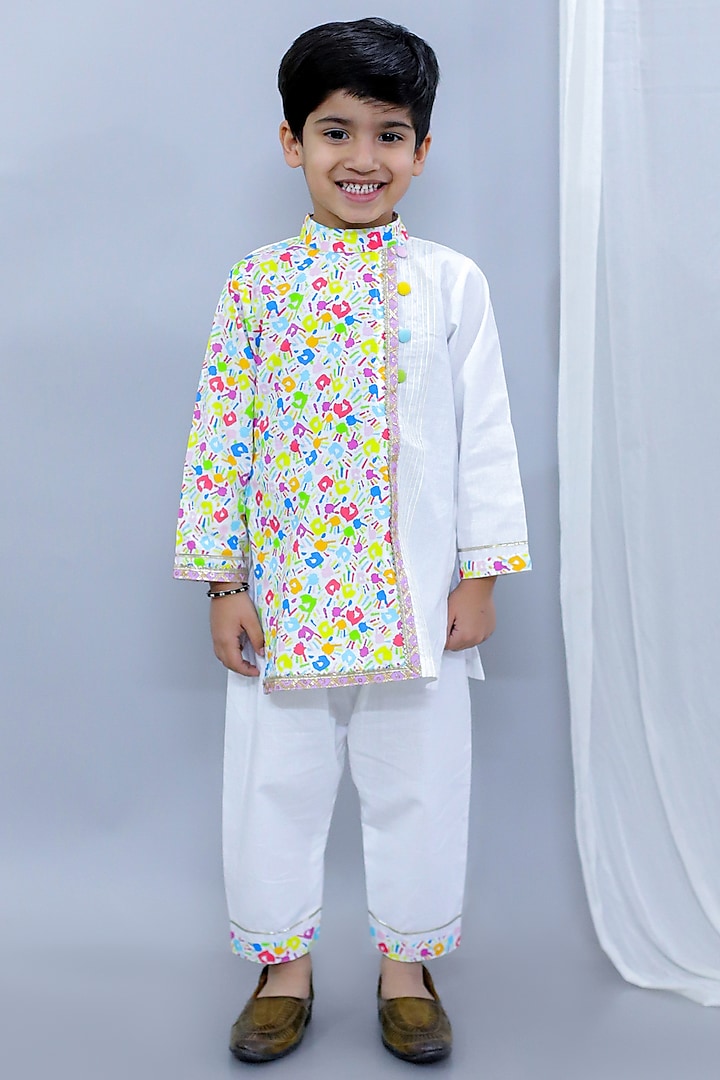 Multi-Colored Cotton Poplin Digital Hand Printed Pintucked Kurta Set For Boys by The little tales at Pernia's Pop Up Shop