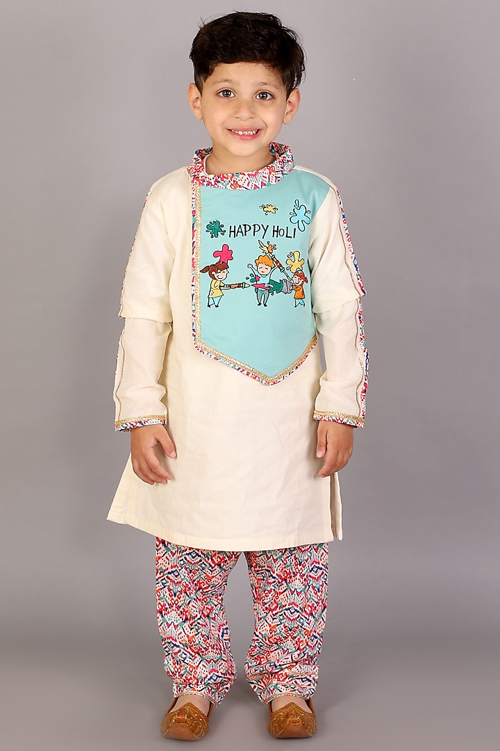 Off-White & Blue Cotton Cambric Embroidered Kurta Set For Boys by The little tales at Pernia's Pop Up Shop