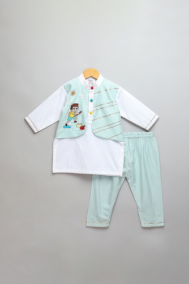 Off-White & Blue Cotton Embroidered Kurta Set For Boys by The little tales at Pernia's Pop Up Shop