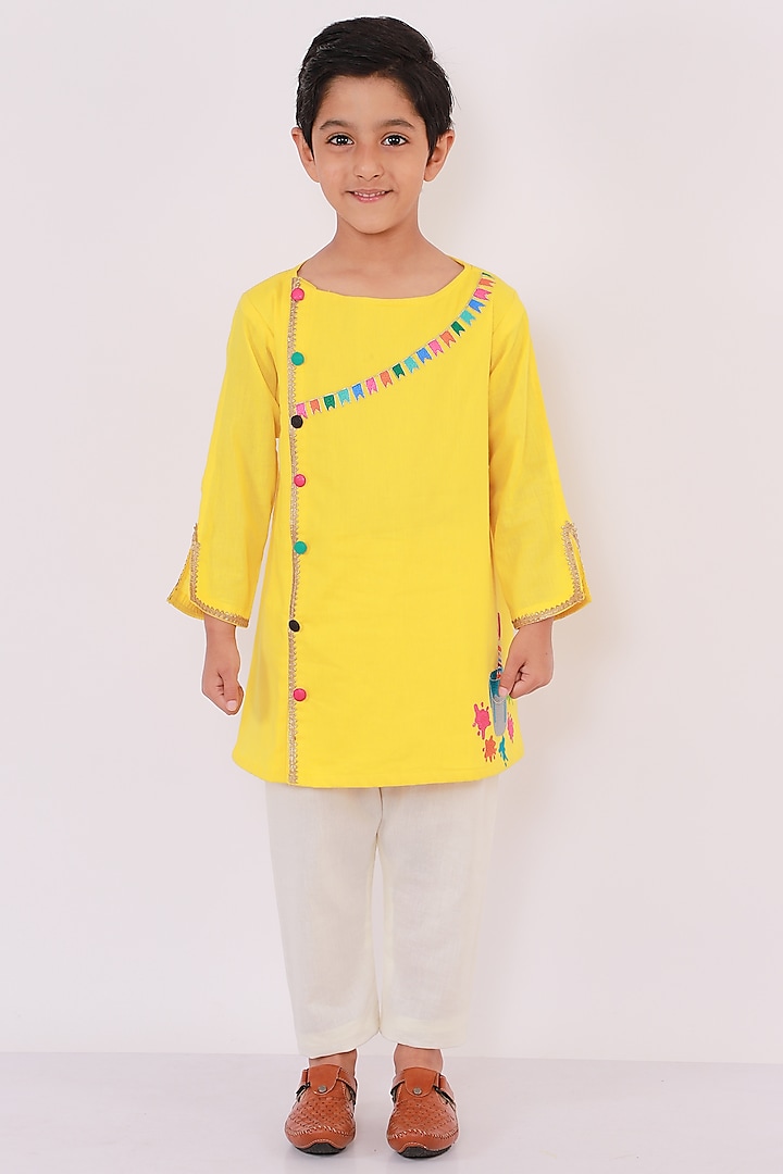 Yellow Cotton Embroidered A-Line Kurta Set For Boys by The little tales at Pernia's Pop Up Shop