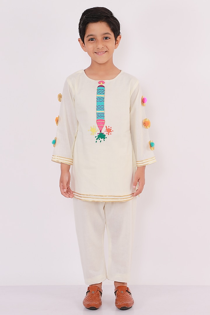 Off-White Cotton Embroidered A-Line Kurta Set For Boys by The little tales at Pernia's Pop Up Shop