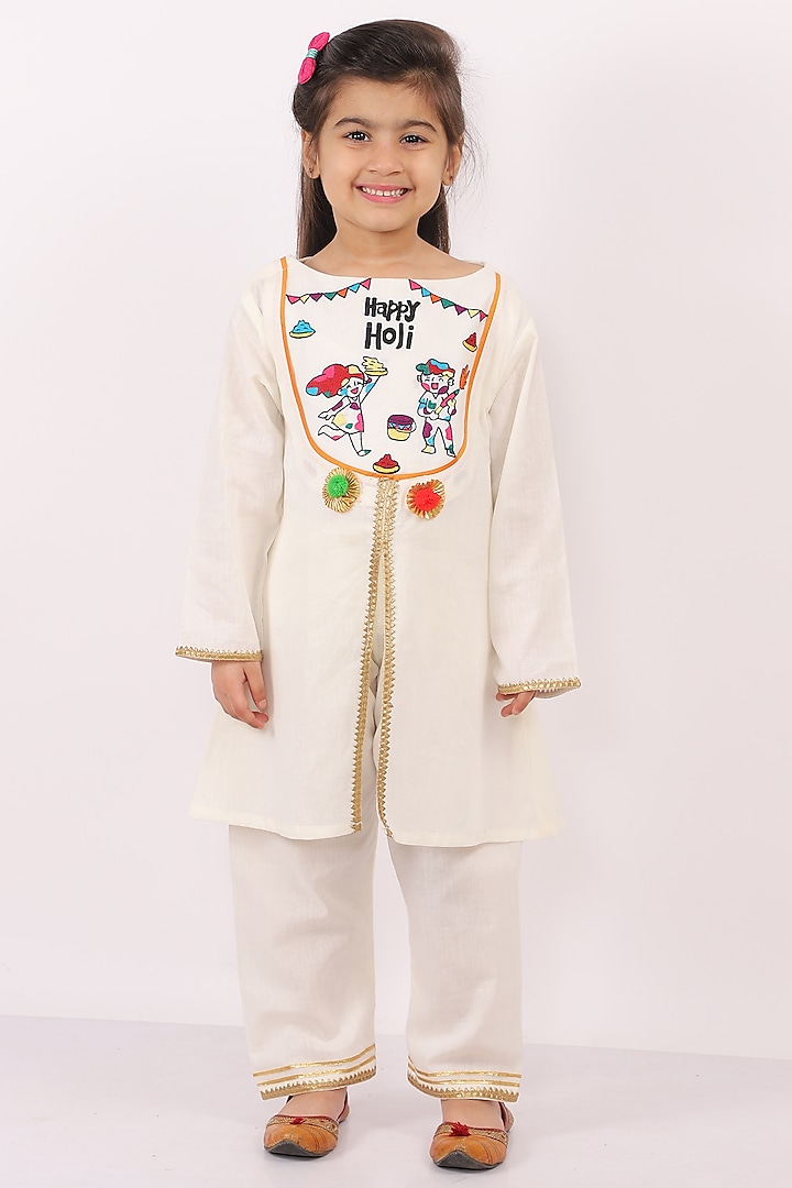 Off-White Cotton Embroidered A-Line Kurta Set For Girls by The little tales at Pernia's Pop Up Shop