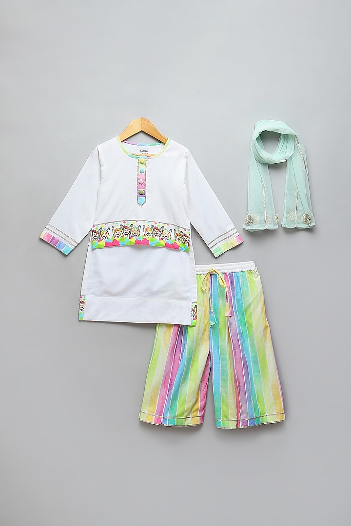 White Cotton Printed High-Low Kurta Set For Girls by The little tales at Pernia's Pop Up Shop