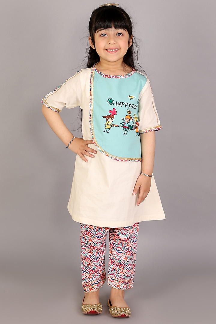 Off-White Cotton Cambric Embroidered A-Line Kurta Set For Girls by The little tales at Pernia's Pop Up Shop