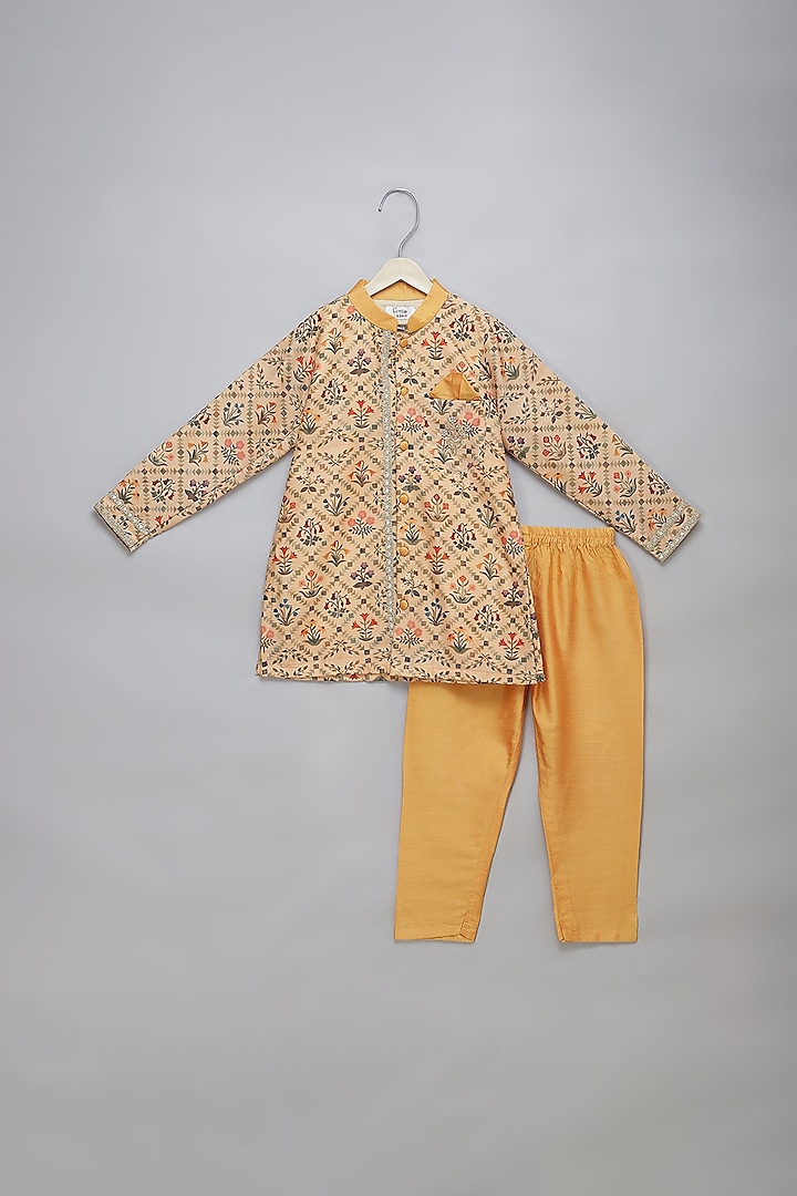 Beige Cotton Mughal Printed Kurta Set For Boys by The little tales