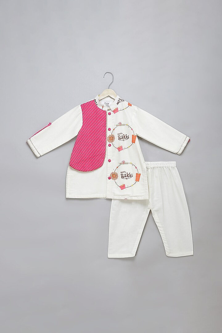 Off-White & Pink Georgette Printed Kurta Set For Boys by The little tales