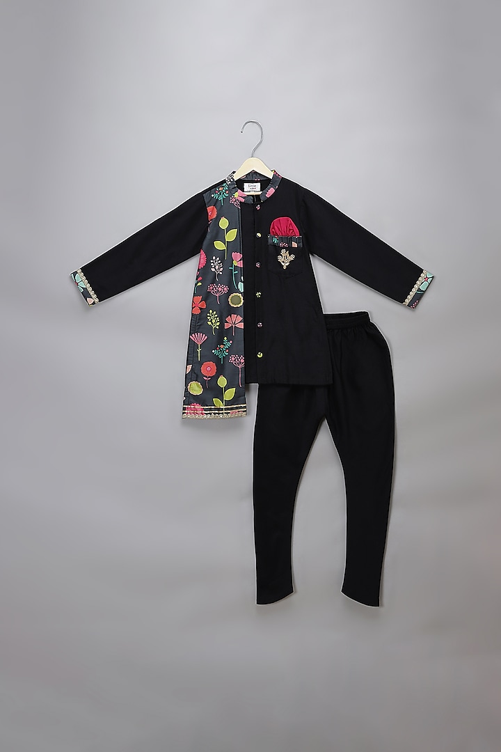 Black Cotton Silk Printed High-Low Kurta Set For Boys by The little tales