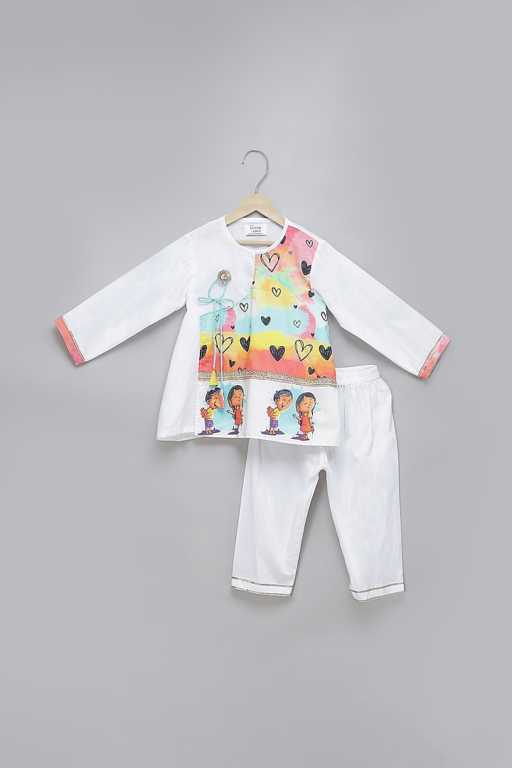 Off-White Cotton Silk Printed Kurta Set For Boys by The little tales