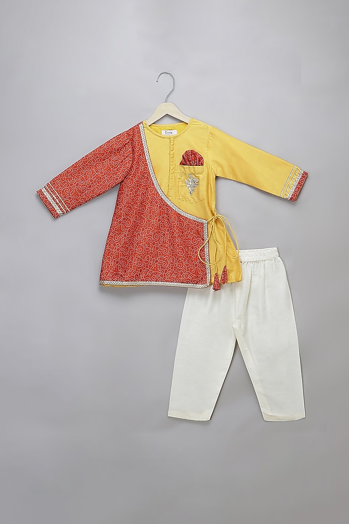 Orange & Yellow Cotton Printed Kurta Set For Boys by The little tales