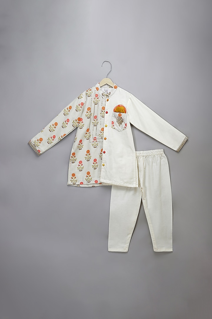 Off-White Cotton Printed & Embroidered Kurta Set For Boys by The little tales
