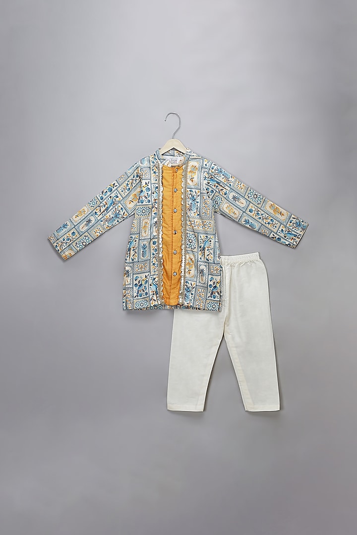 Blue & Orange Cotton Printed Kurta Set For Boys by The little tales