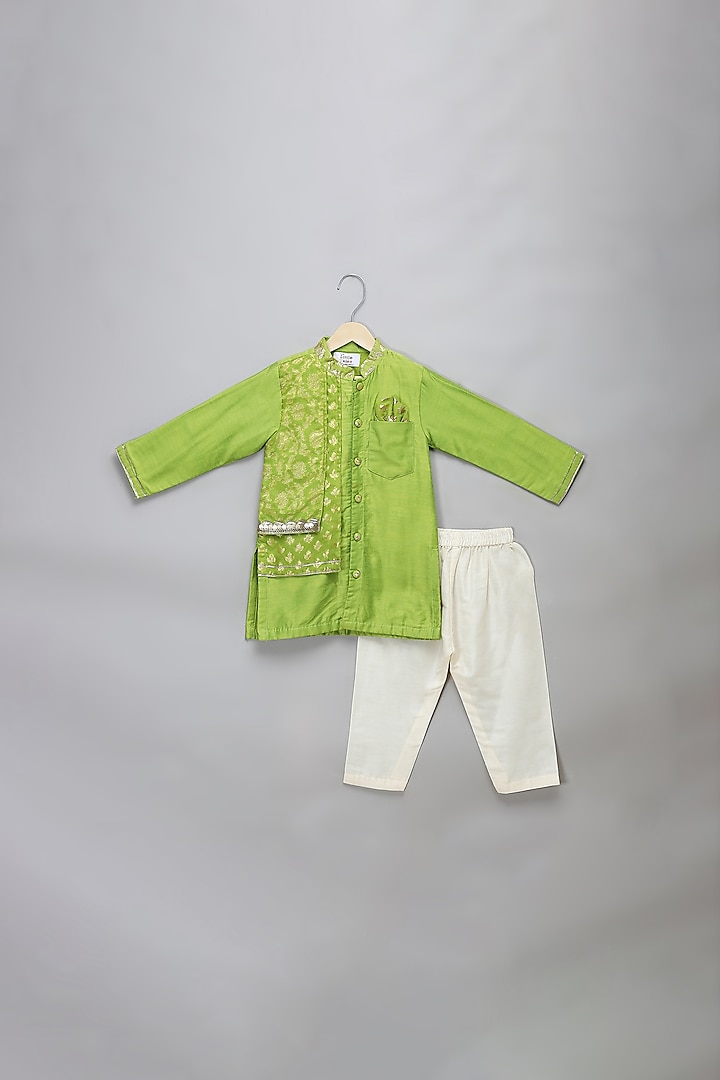 Green Silk Printed & Embellished Kurta Set For Boys by The little tales