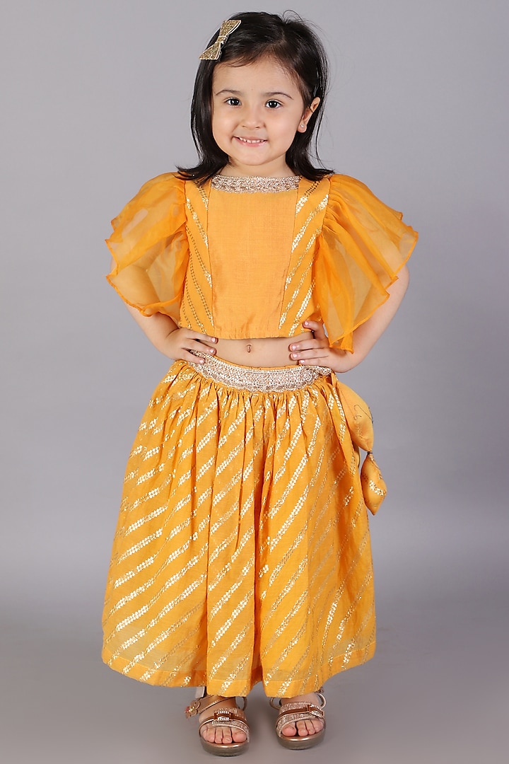 Orange Cotton Zari Lace Embroidered Lehenga Set For Girls by The little tales