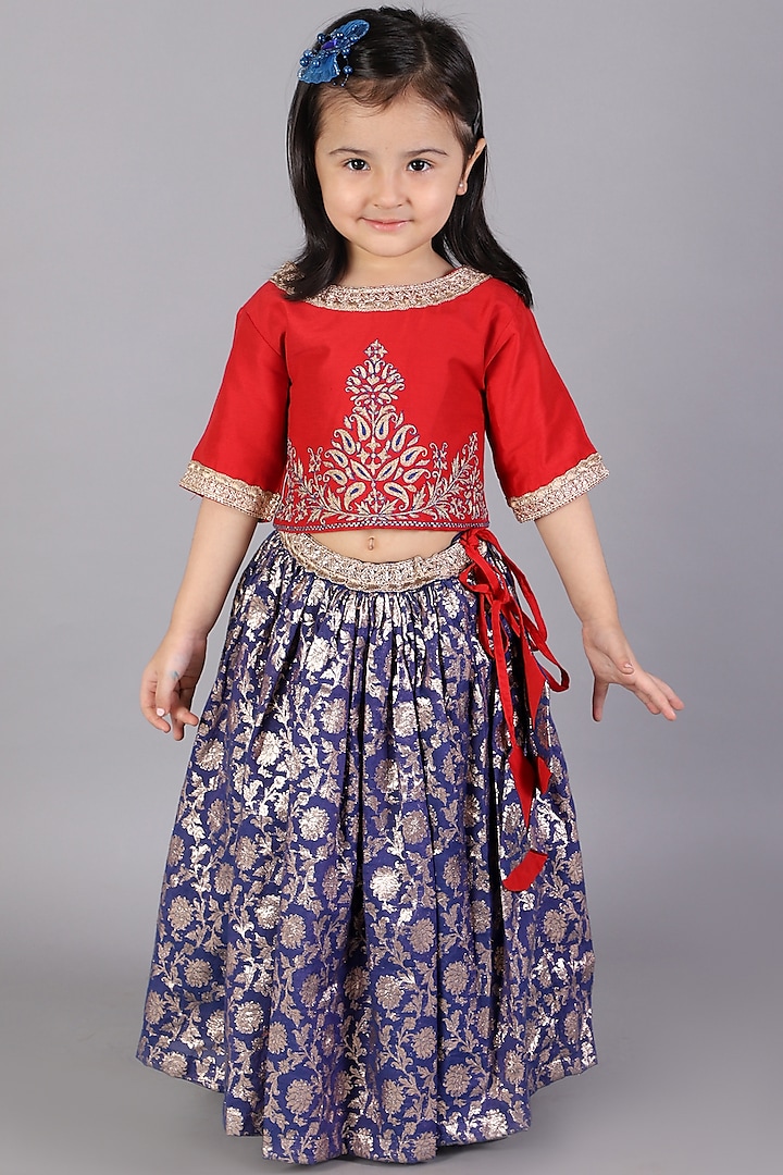 Blue Cotton Zari Lace Embroidered Lehenga Set For Girls by The little tales