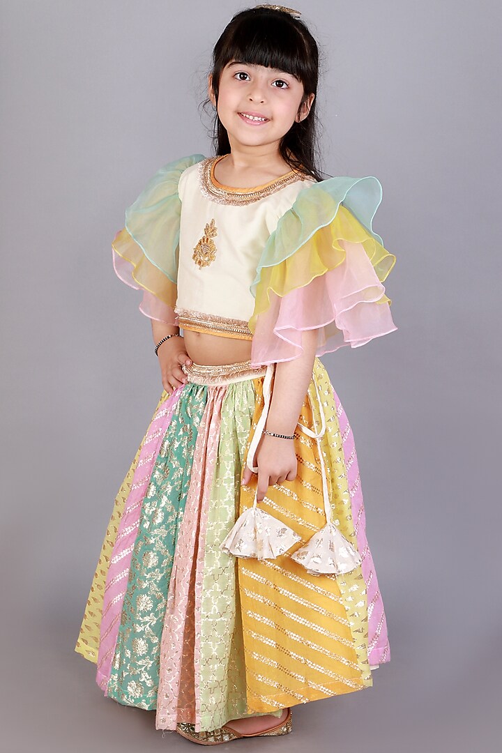 Multi-Colored Cotton Zari Lace Embroidered Lehenga Set For Girls by The little tales at Pernia's Pop Up Shop