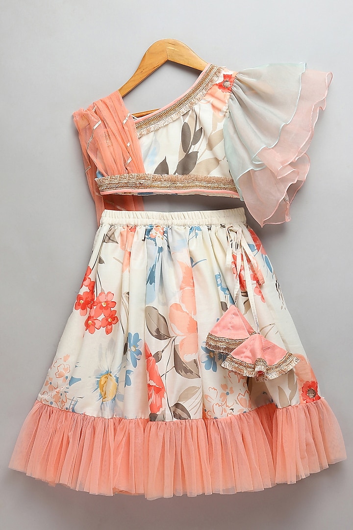Off-White & Peach Cotton Silk Digital Printed Frilled Lehenga Set For Girls by The little tales