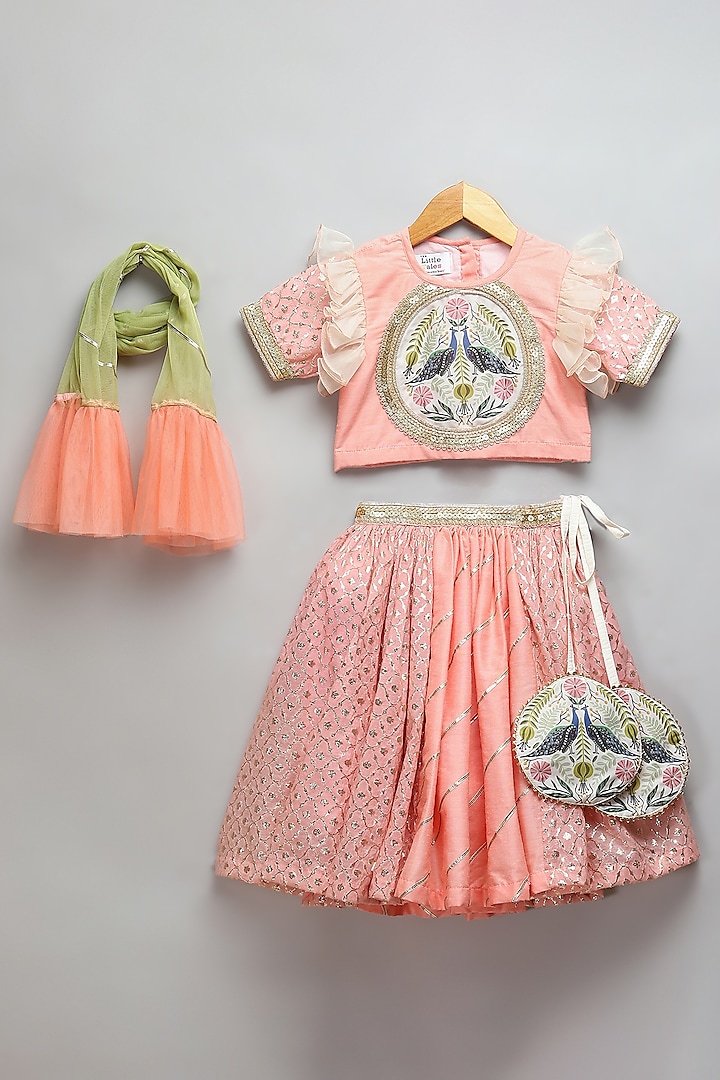 Peach Cotton Silk Lace Embroidered Lehenga Set For Girls by The little tales at Pernia's Pop Up Shop