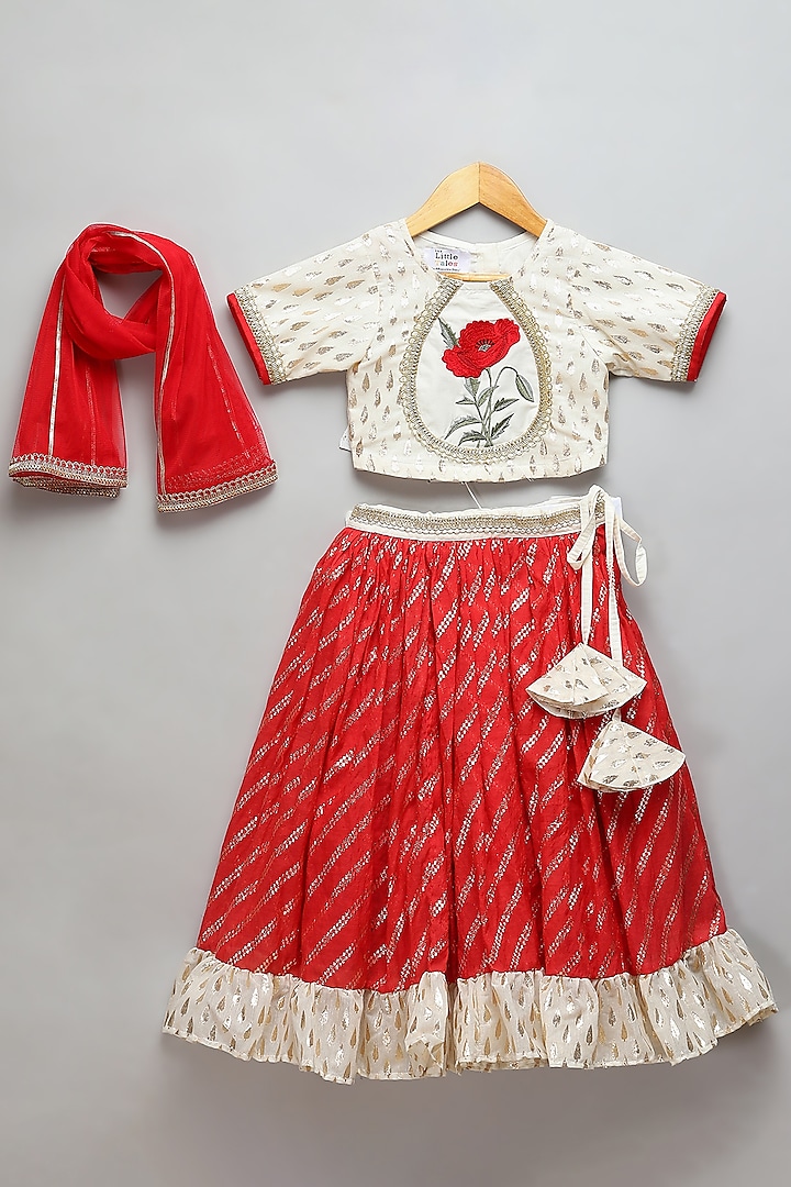 Red Chanderi Lace Embroidered Lehenga Set For Girls by The little tales at Pernia's Pop Up Shop